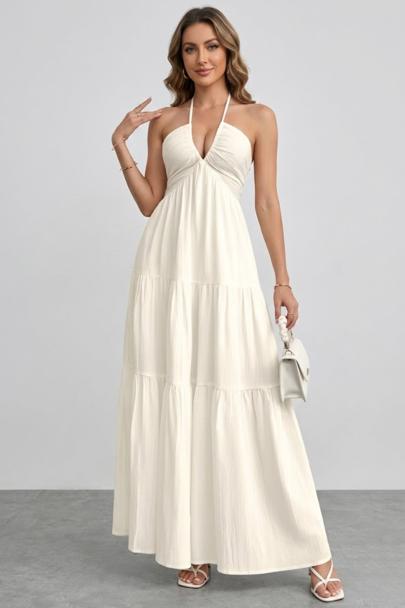 Women's Halter Neck Cotton Maxi Dress – Open Back Tie Detail Long Dress