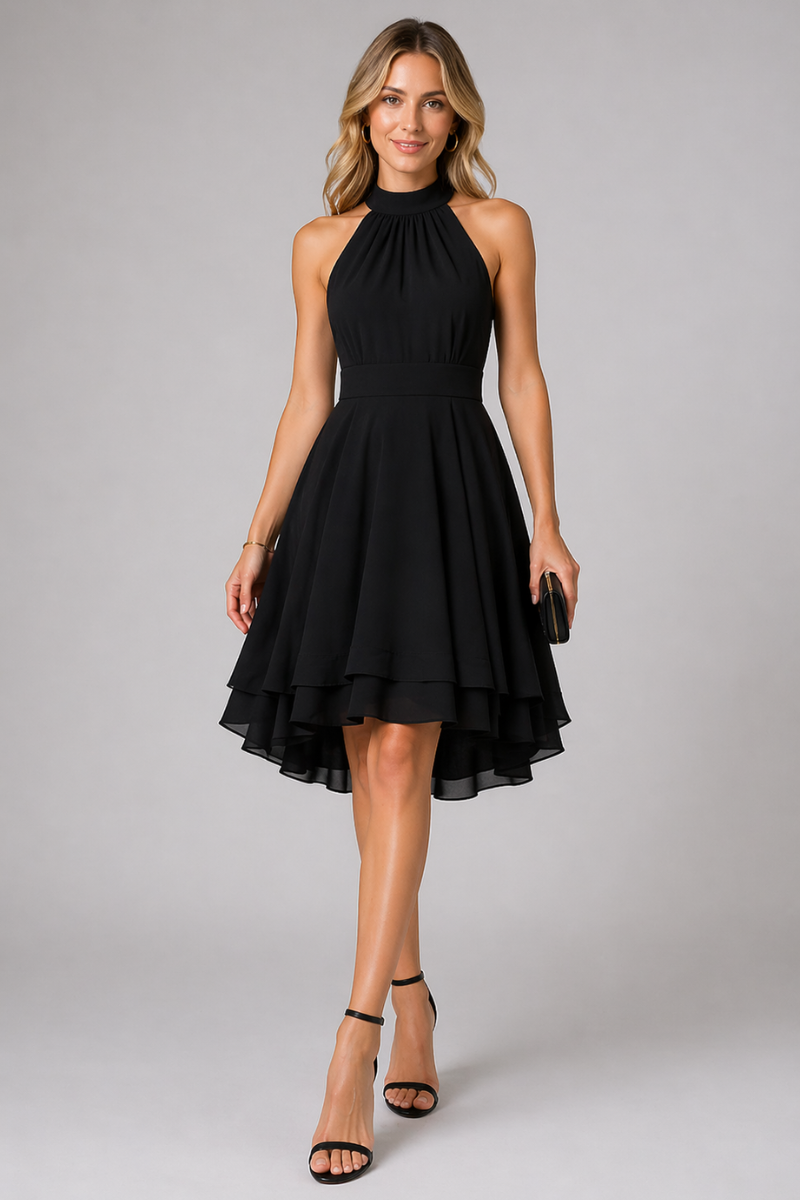 Women's Halter Neck Dress – Sleeveless Ruffle Layered Knee Dress