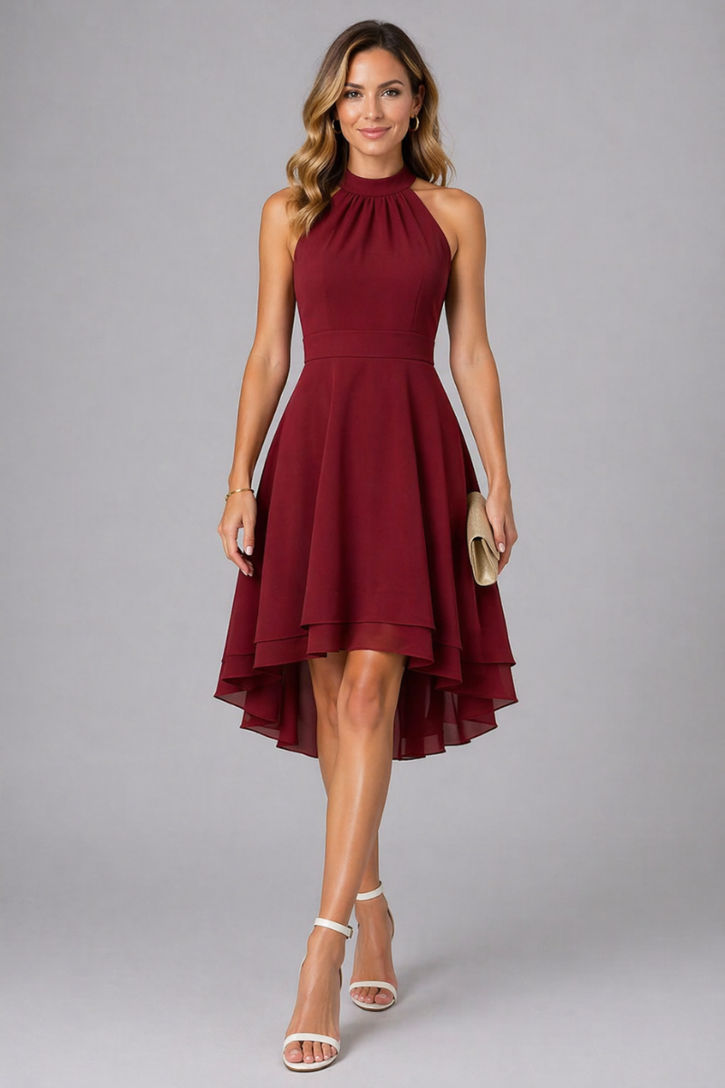 Women's Halter Neck Dress – Sleeveless Ruffle Layered Knee Dress