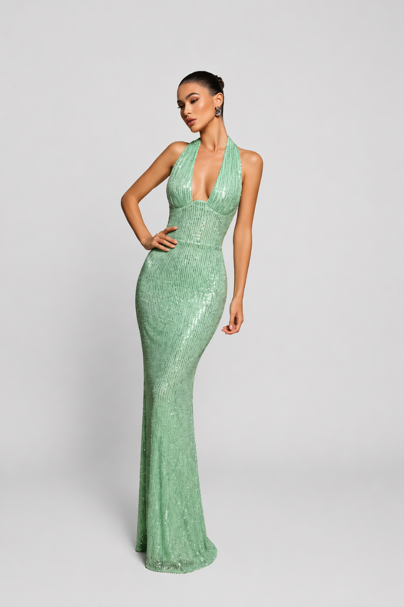 Women's Halter Neck Maxi Dress - Deep Plunge Evening Party Dress