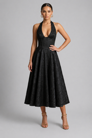 Women's Halter Neck Midi Dress - Flared Cocktail Evening Dress