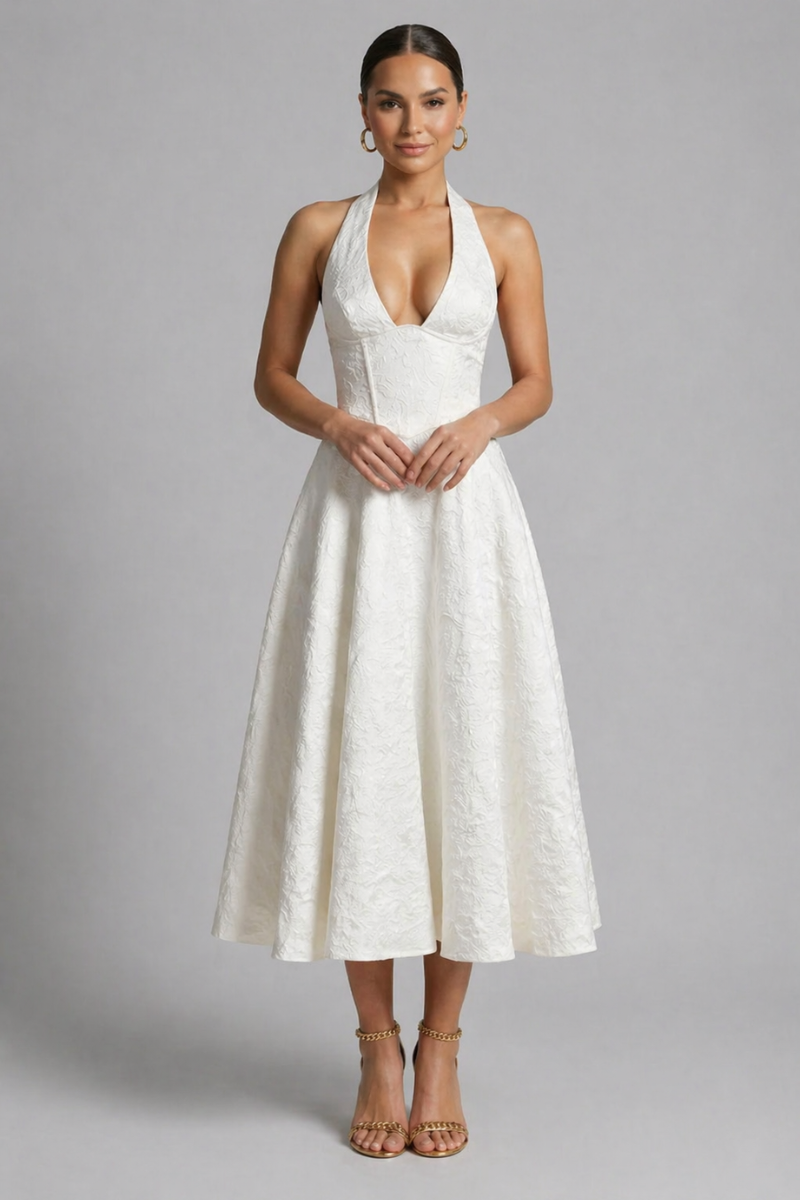 Women's Halter Neck Midi Dress - Flared Cocktail Evening Dress