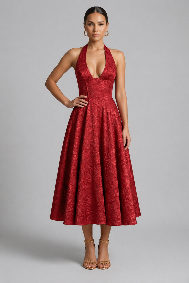 Women's Halter Neck Midi Dress - Flared Cocktail Evening Dress