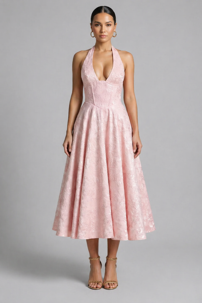 Women's Halter Neck Midi Dress - Flared Cocktail Evening Dress