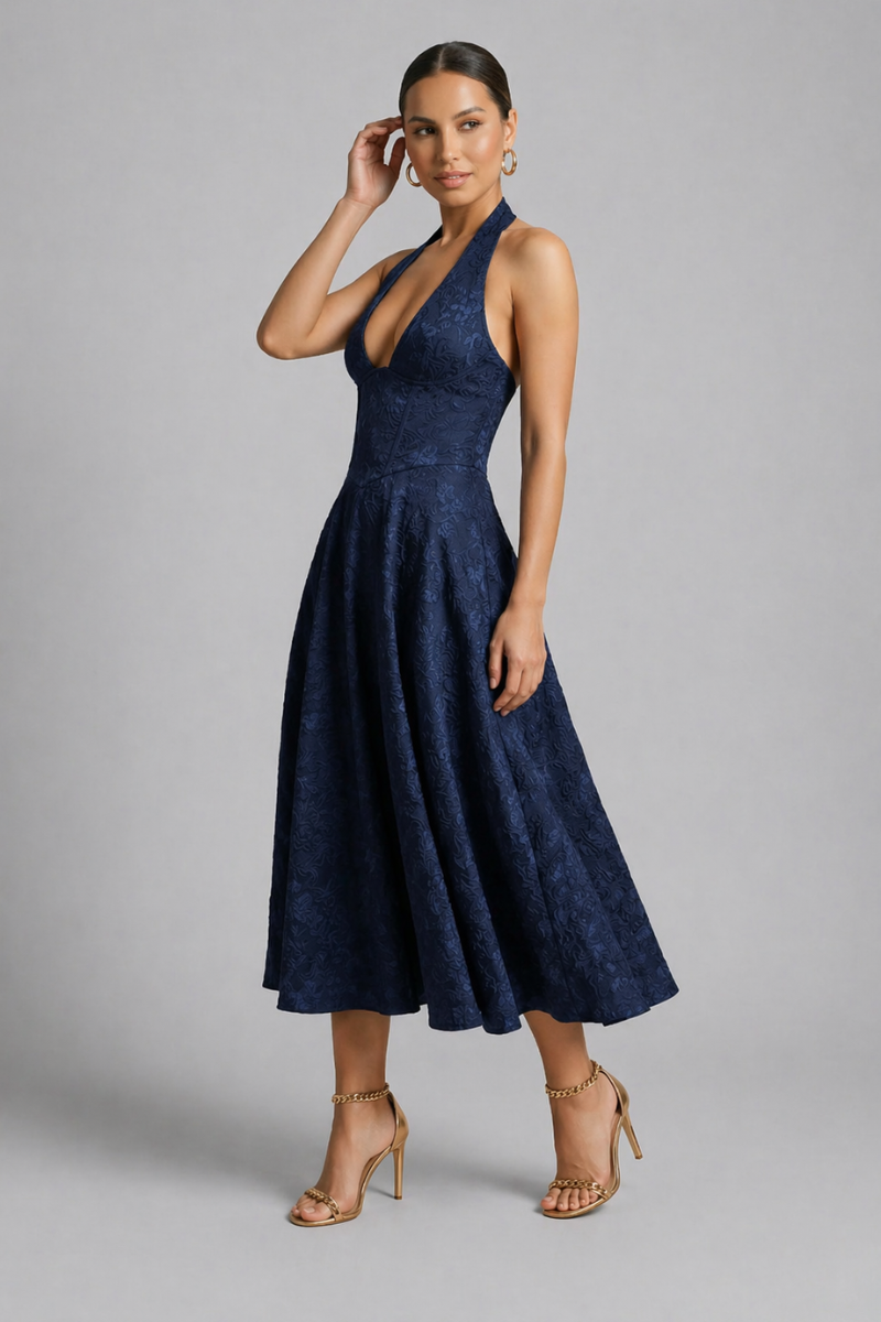 Women's Halter Neck Midi Dress - Flared Cocktail Evening Dress