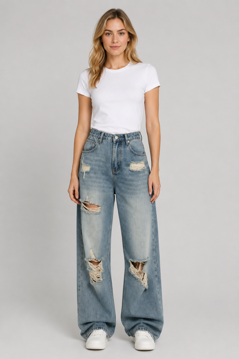 Women's High Waist Distressed Wide Leg Retro Denim Jeans