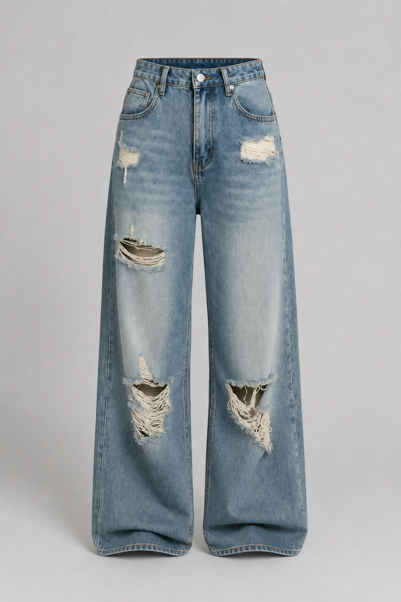 Women's High Waist Distressed Wide Leg Retro Denim Jeans