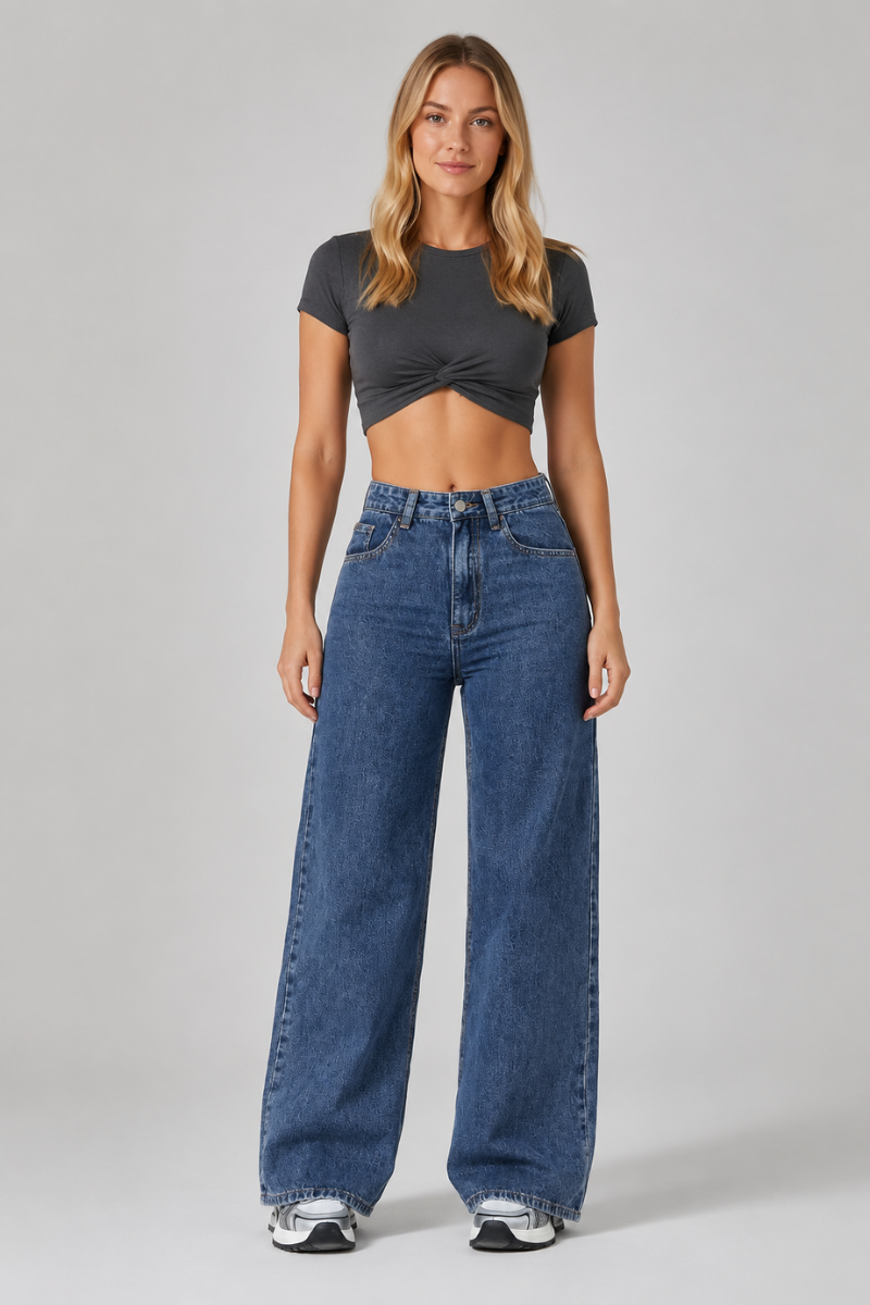 Women's High Waist Wide Leg Jeans – Loose Fit Retro Wash Denim Trousers with Pockets