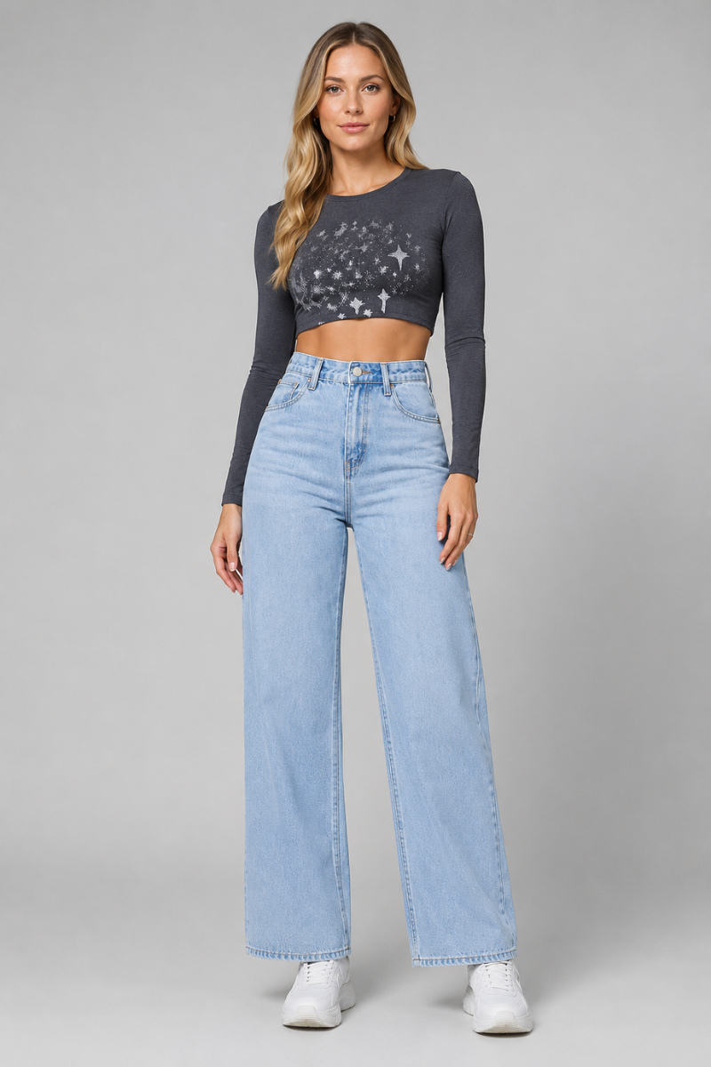 Women's High Waist Wide Leg Jeans – Loose Fit Retro Wash Denim Trousers with Pockets
