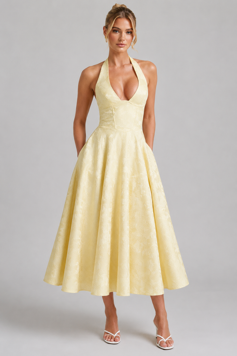 Women's Jacquard Halter Neck Midi Dress – Elegant Sleeveless Occasion Dress