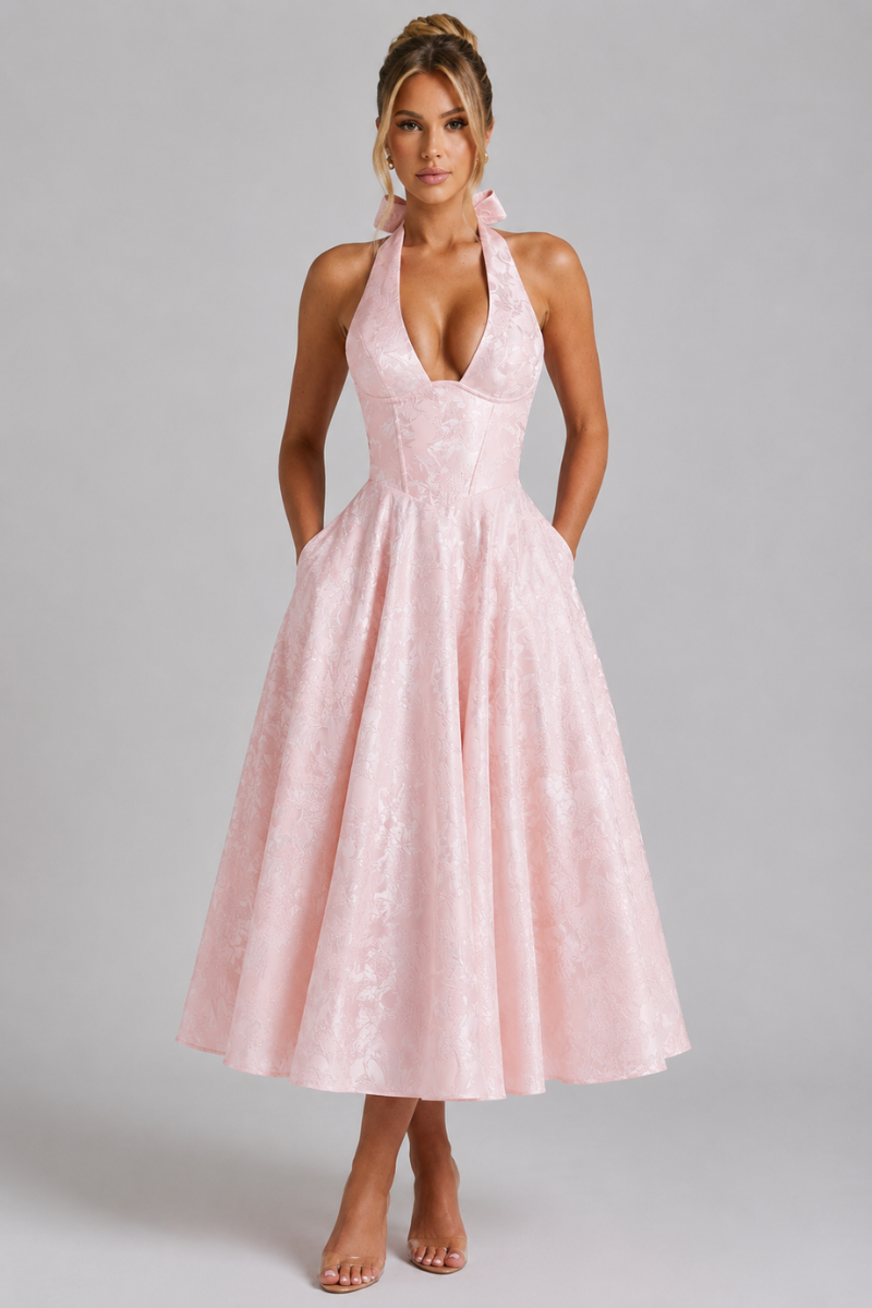 Women's Jacquard Halter Neck Midi Dress – Elegant Sleeveless Occasion Dress
