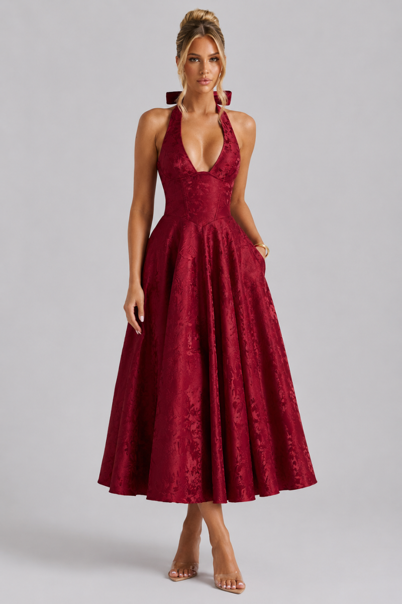 Women's Jacquard Halter Neck Midi Dress – Elegant Sleeveless Occasion Dress