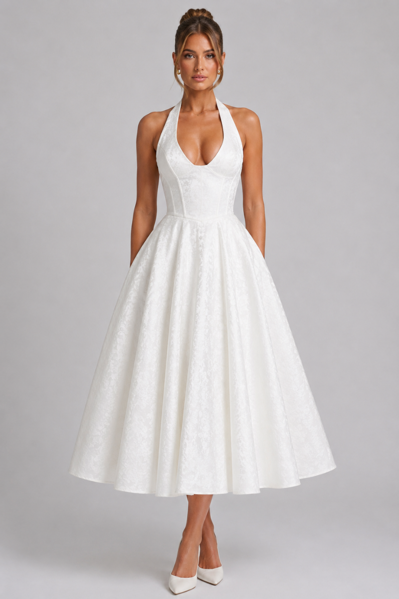 Women's Jacquard Halter Neck Midi Dress – Elegant Sleeveless Occasion Dress