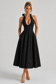 Women's Jacquard Halter Neck Midi Dress – Elegant Sleeveless Occasion Dress