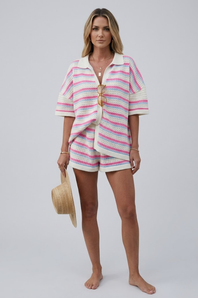 Women's Knitted Cardigan and Shorts Two Piece Set Casual Summer Outfit