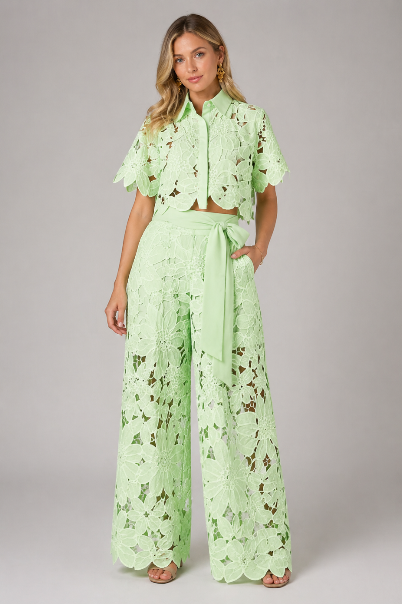 Women's Lace Blouse and Tie Waist Pants Two Piece Set Summer Outfit