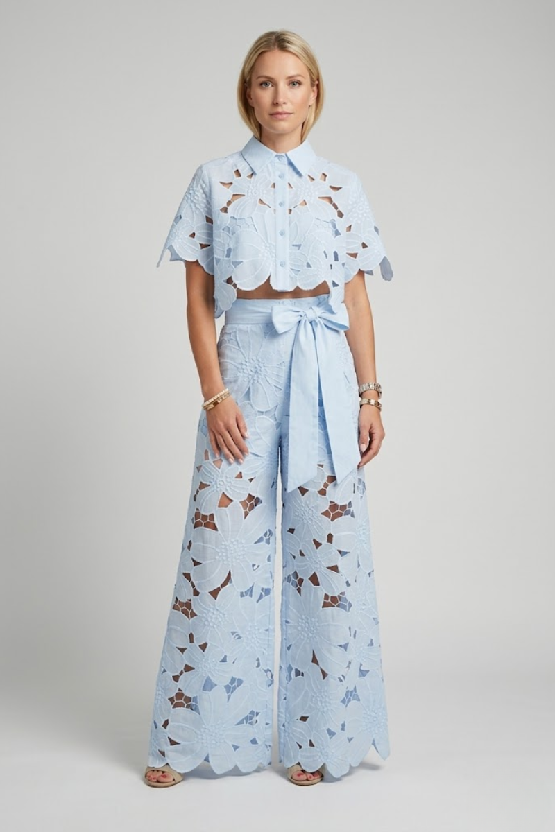 Women's Lace Blouse and Tie Waist Pants Two Piece Set Summer Outfit