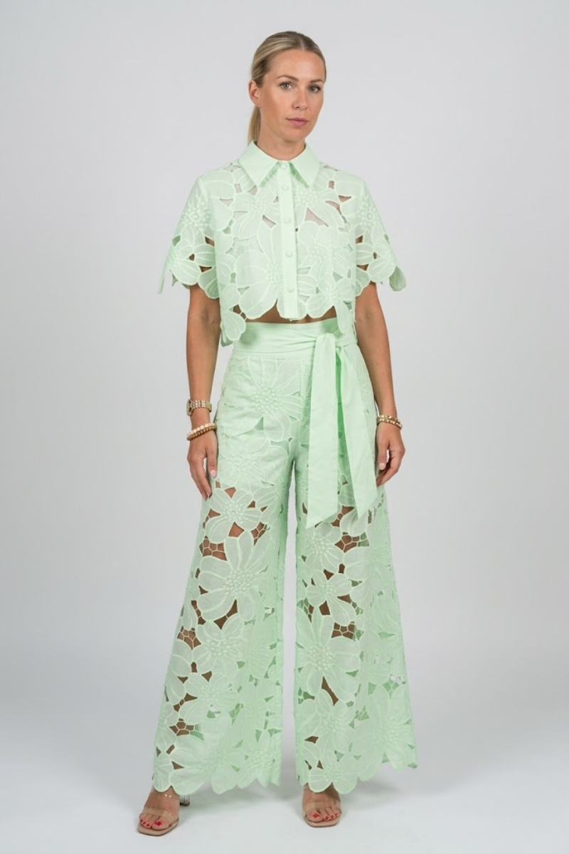 Women's Lace Blouse and Tie Waist Pants Two Piece Set Summer Outfit