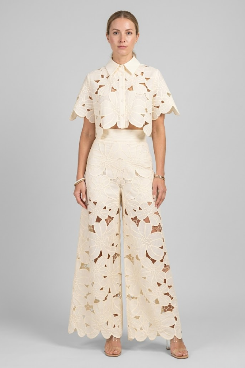 Women's Lace Blouse and Tie Waist Pants Two Piece Set Summer Outfit