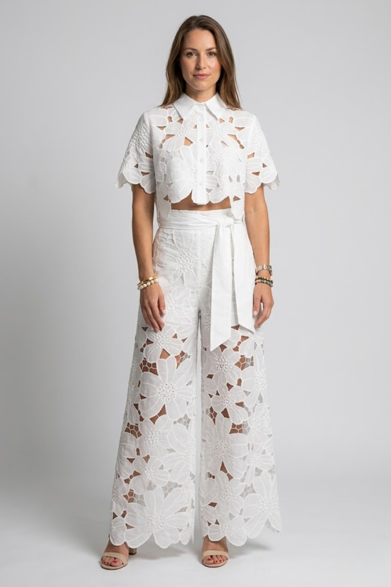 Women's Lace Blouse and Tie Waist Pants Two Piece Set Summer Outfit
