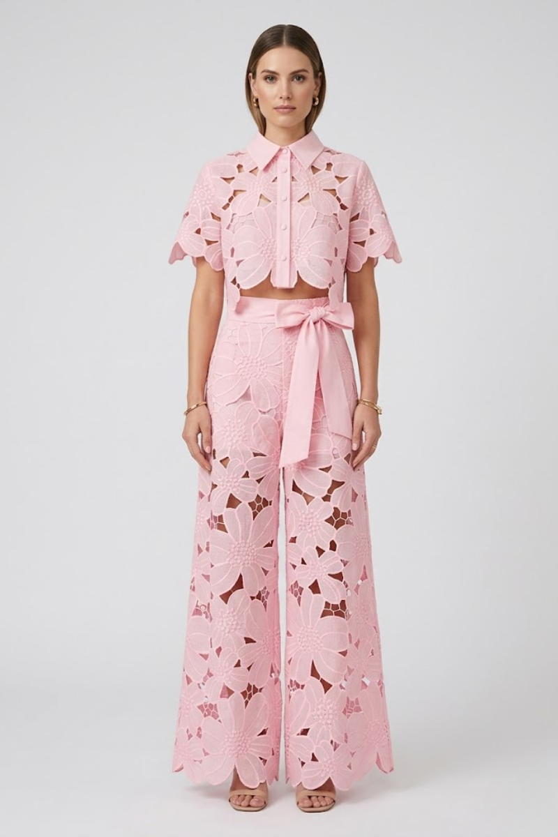 Women's Lace Blouse and Tie Waist Pants Two Piece Set Summer Outfit