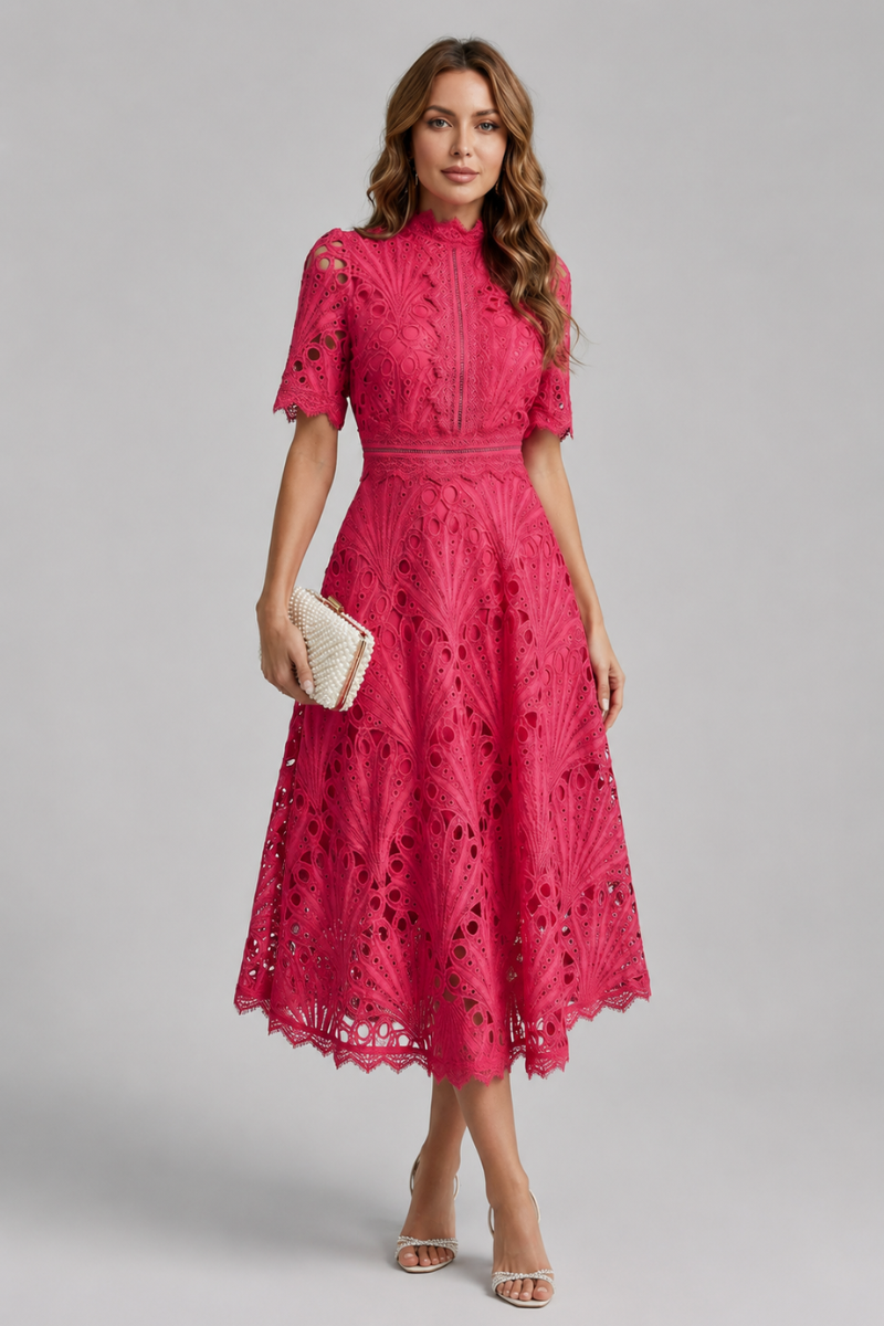 Women's Lace High Neck Midi Dress – Elegant Short Sleeve Occasion Dress