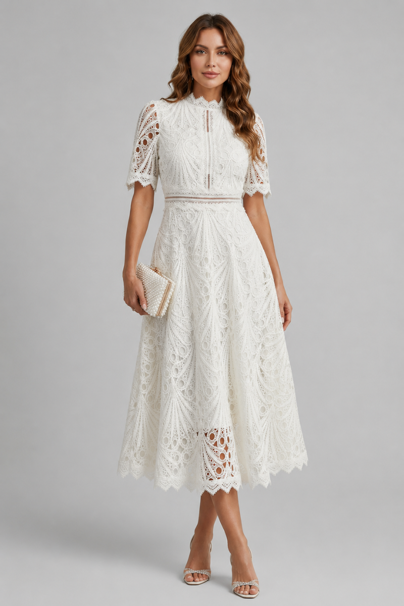 Women's Lace High Neck Midi Dress – Elegant Short Sleeve Occasion Dress
