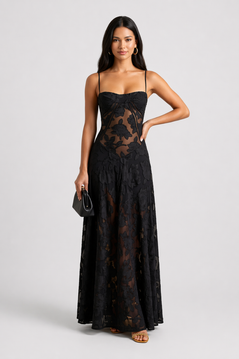 Women's Lace Maxi Dress - Spaghetti Strap Corset Lace-Up Evening Dress