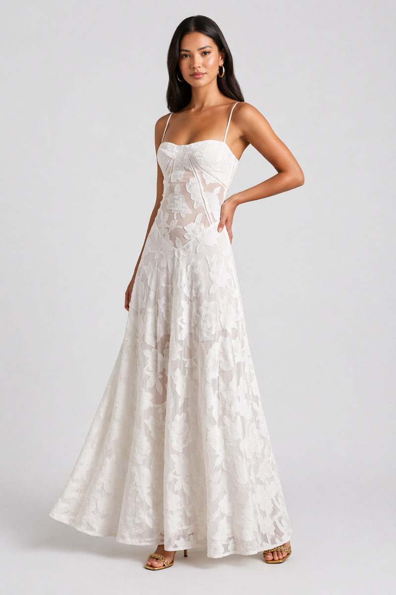 Women's Lace Maxi Dress - Spaghetti Strap Corset Lace-Up Evening Dress