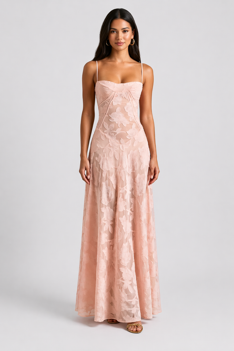 Women's Lace Maxi Dress - Spaghetti Strap Corset Lace-Up Evening Dress