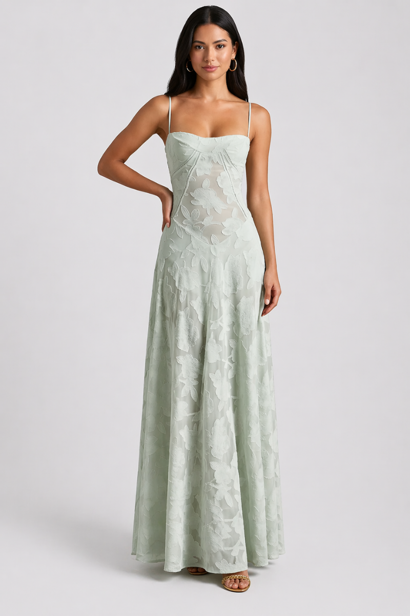Women's Lace Maxi Dress - Spaghetti Strap Corset Lace-Up Evening Dress