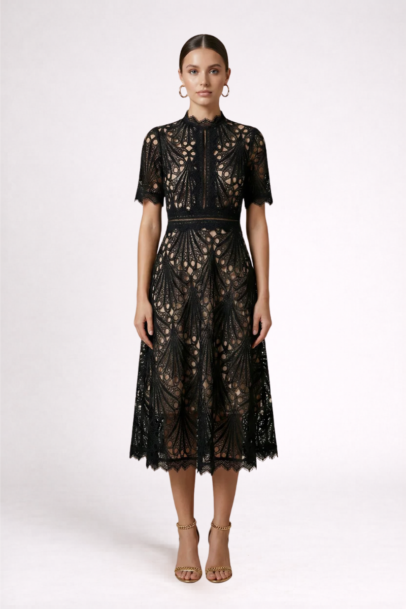 Women's Lace Midi Dress - High Neck Formal Evening Dress