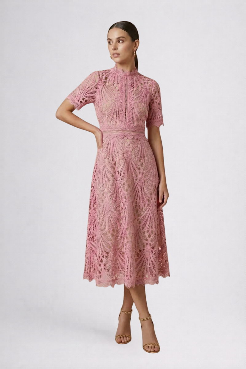 Women's Lace Midi Dress - High Neck Formal Evening Dress