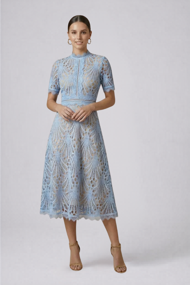 Women's Lace Midi Dress - High Neck Formal Evening Dress