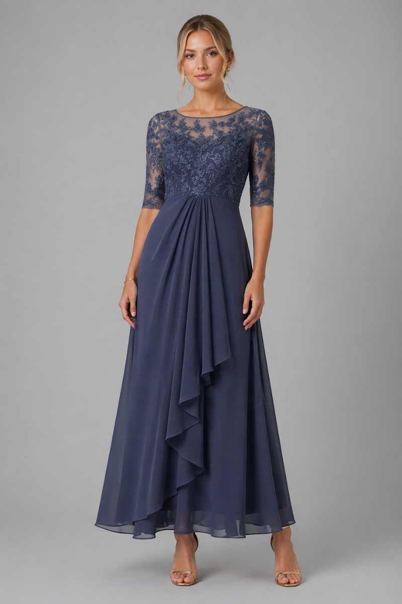 Women's Lace Midi Dress – Elegant Layered Evening Dress with Closed Back