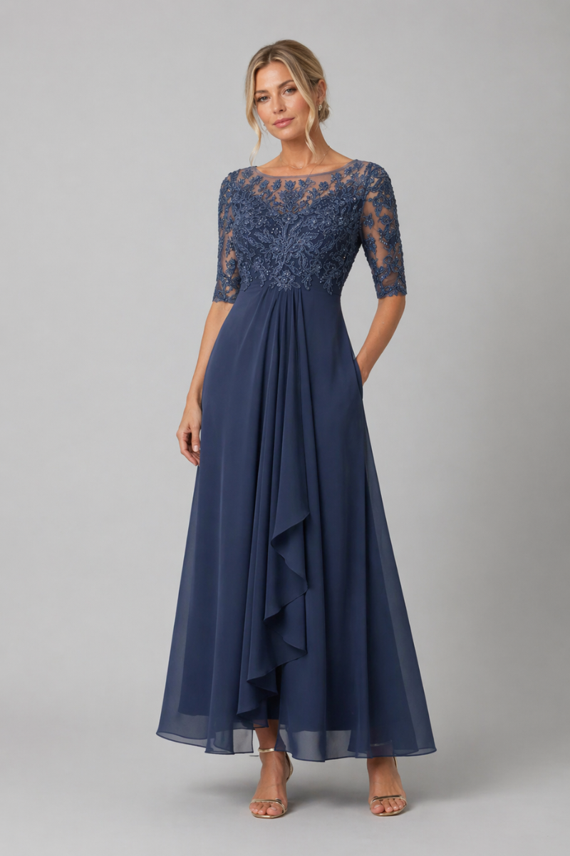 Women's Lace Midi Dress – Elegant Layered Evening Dress with Closed Back