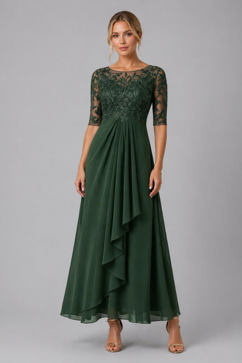 Women's Lace Midi Dress – Elegant Layered Evening Dress with Closed Back