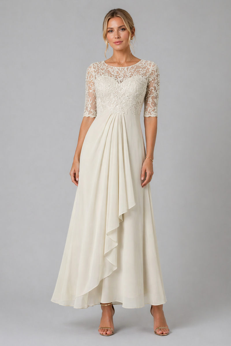 Women's Lace Midi Dress – Elegant Layered Evening Dress with Closed Back