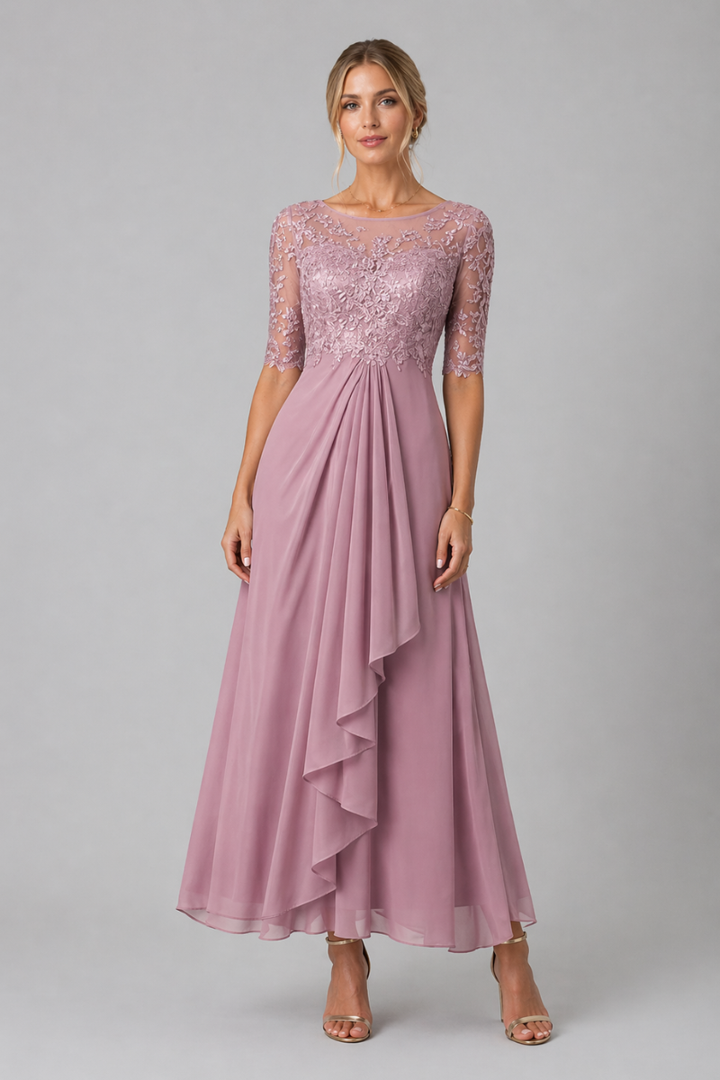 Women's Lace Midi Dress – Elegant Layered Evening Dress with Closed Back