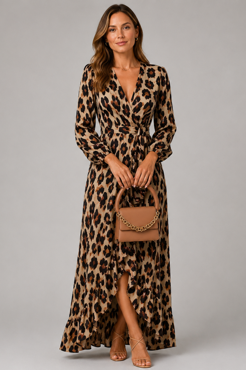 Women's Leopard Print V-Neck Midi Dress