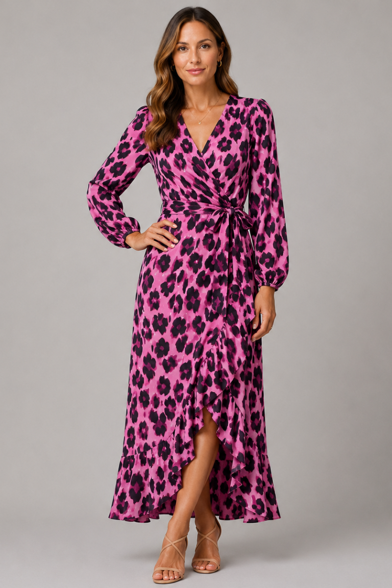 Women's Leopard Print V-Neck Midi Dress