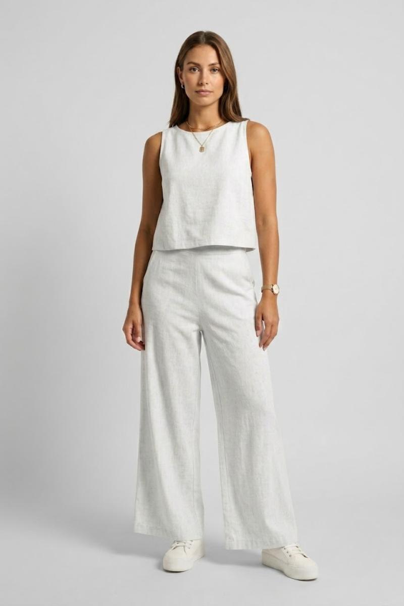 Damen Leinen-Look Zweiteiliges Set mit weitem Bein
