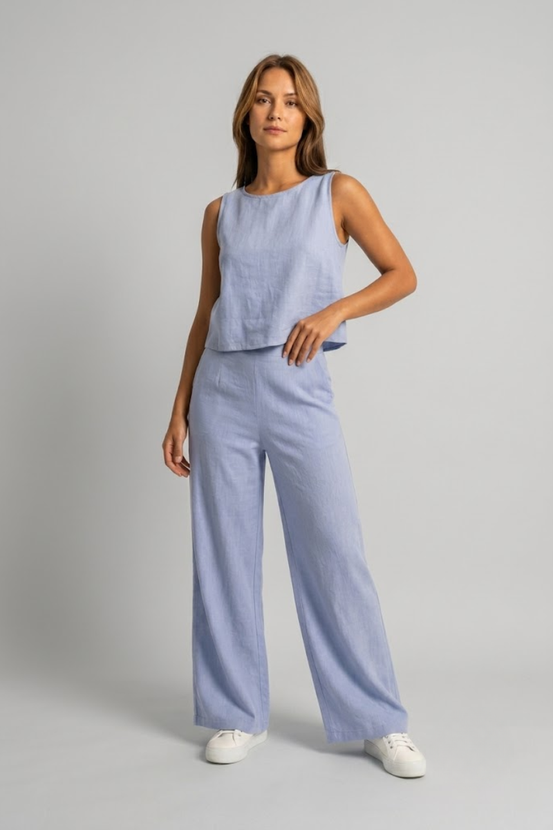 Damen Leinen-Look Zweiteiliges Set mit weitem Bein