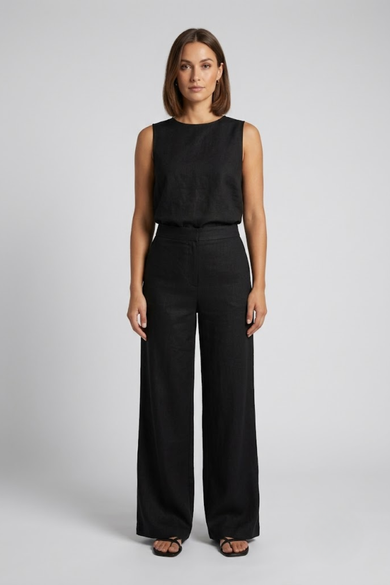 Damen Leinen-Look Zweiteiliges Set mit weitem Bein