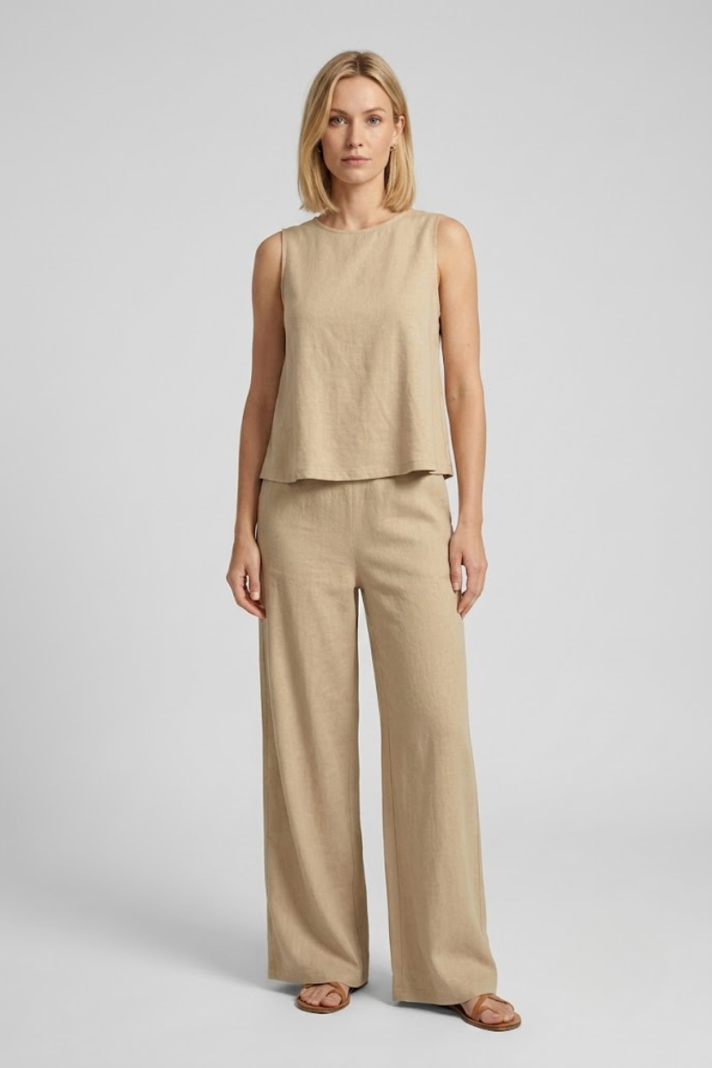 Damen Leinen-Look Zweiteiliges Set mit weitem Bein