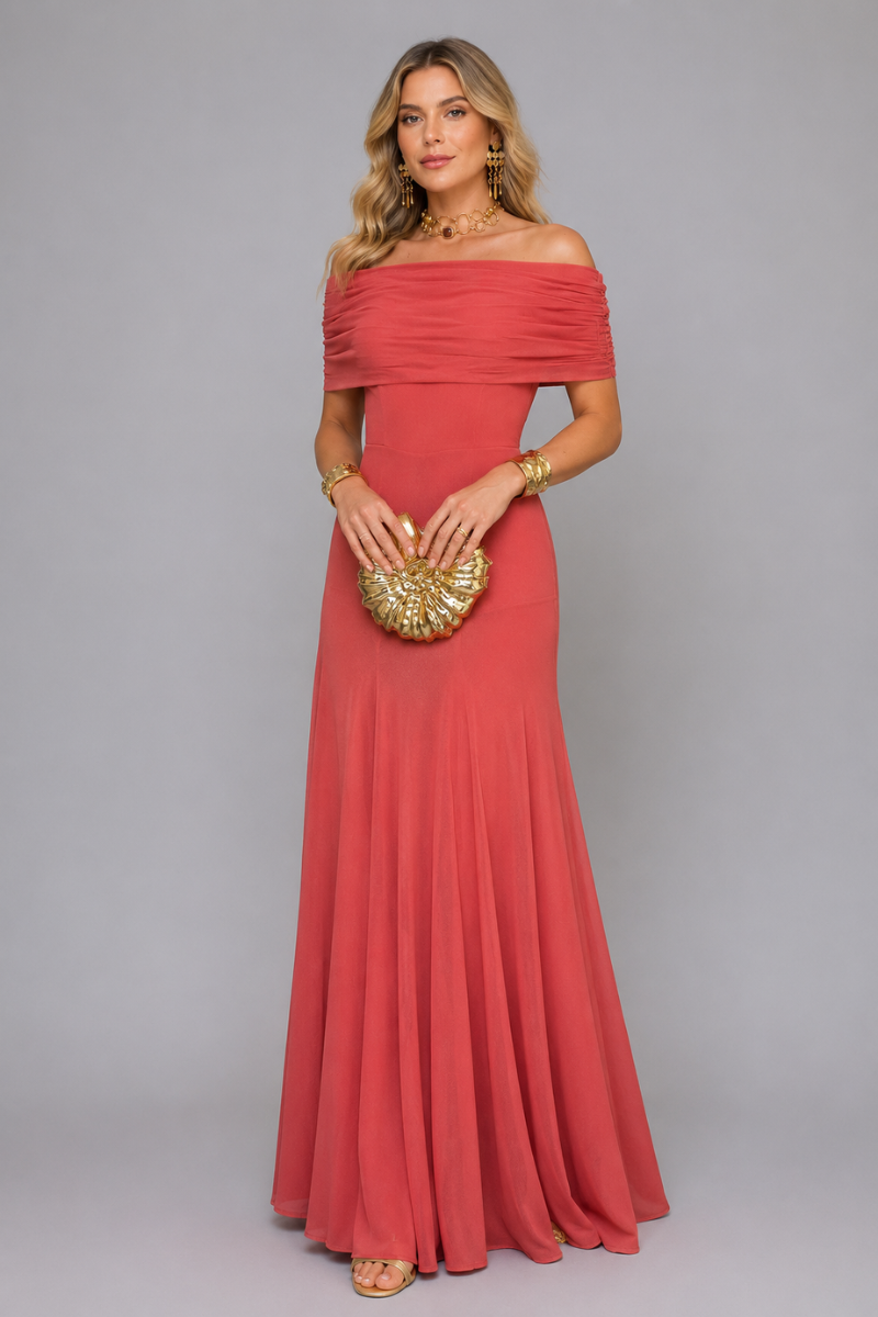 Women's Off Shoulder Draped Mesh Maxi Dress – Elegant Evening Occasion Dress