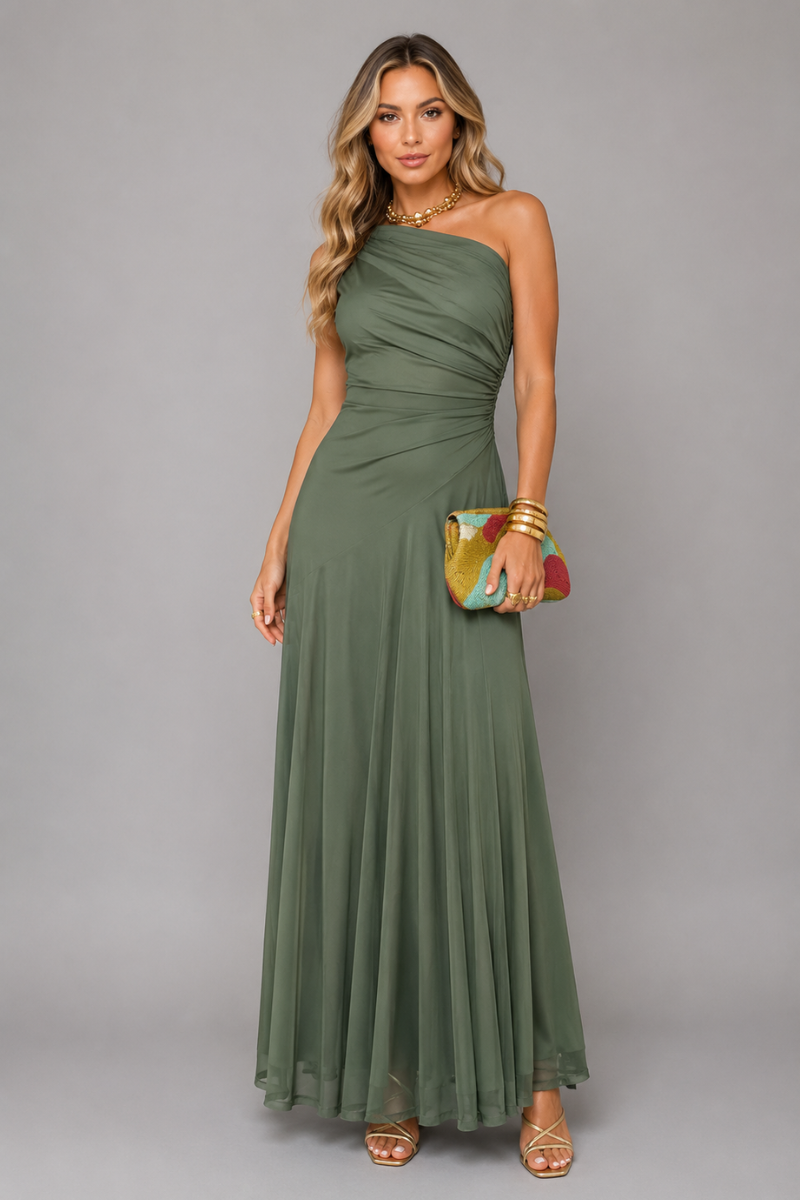 Women's Off Shoulder Draped Mesh Maxi Dress – Elegant Evening Occasion Dress