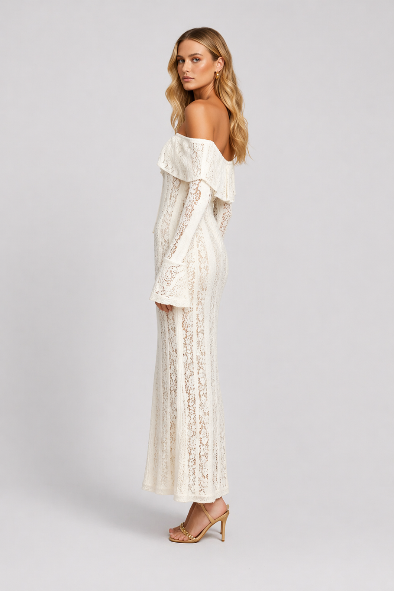 Women's Off Shoulder Lace Maxi Dress - Long Sleeve Evening Formal Dress