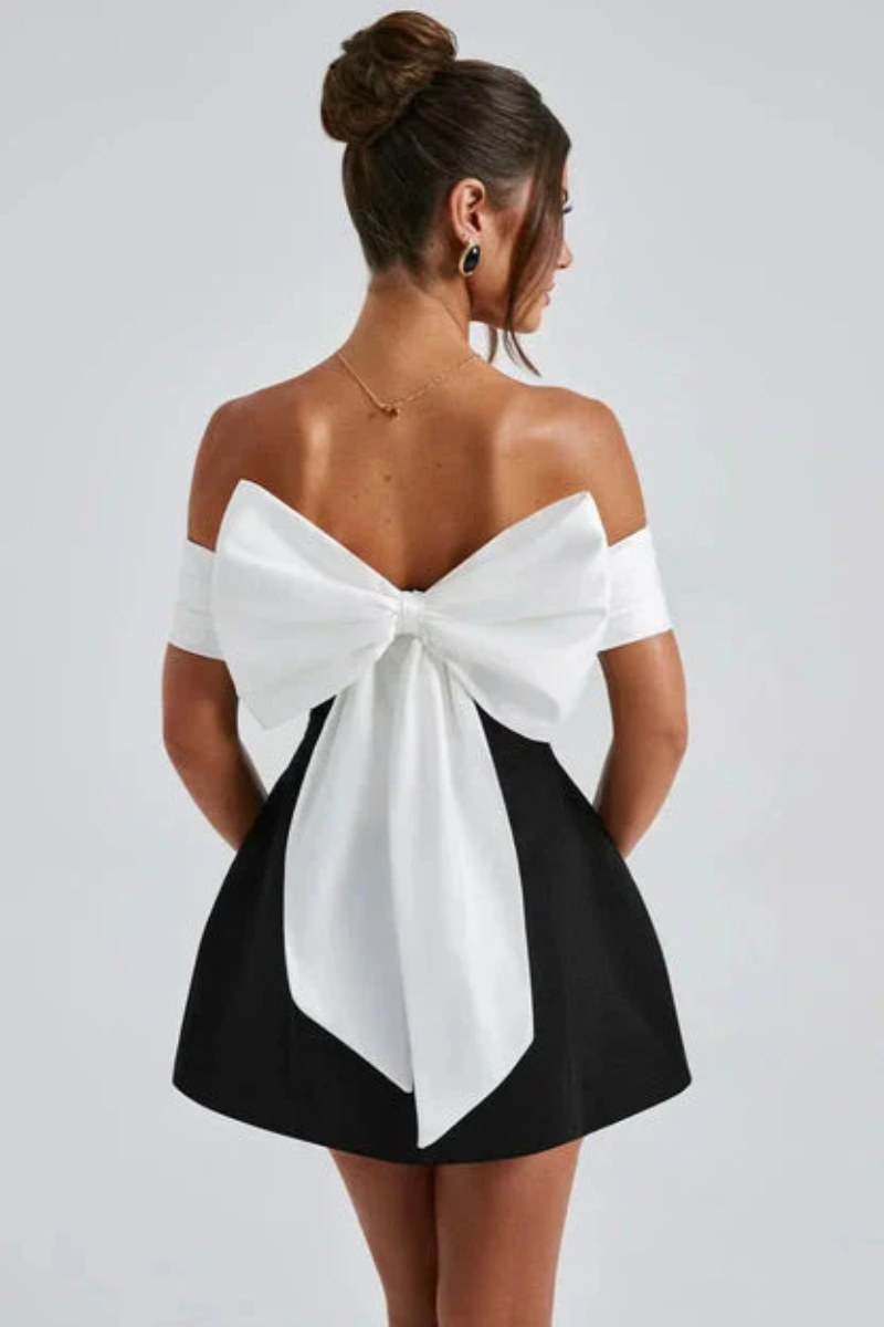 Women's Off Shoulder Mini Dress with Detachable Bow – Elegant Party Dress