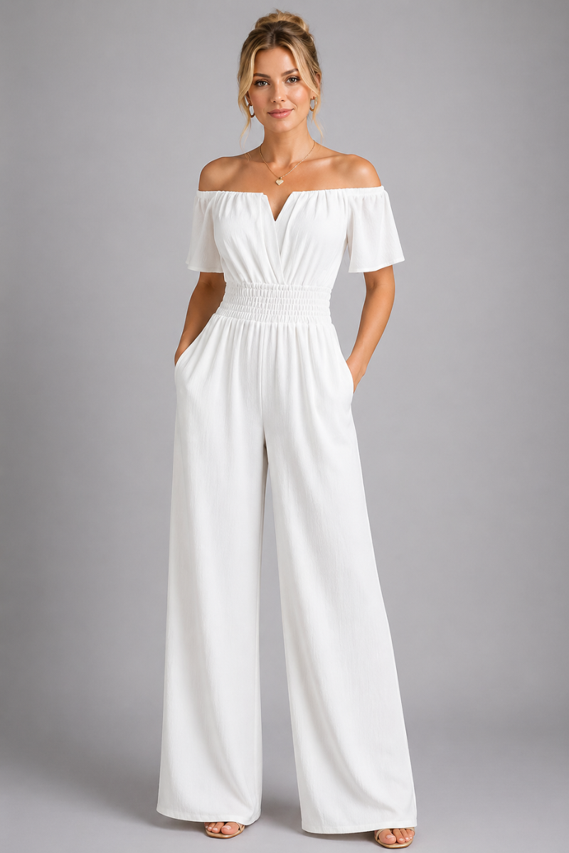 Women's Off Shoulder Short Sleeve Shirred Waist Jumpsuit Wide Leg One-Piece Outfit